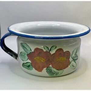Vintage Hand painted Red Floral Blue Rimmed White Enameled Pot